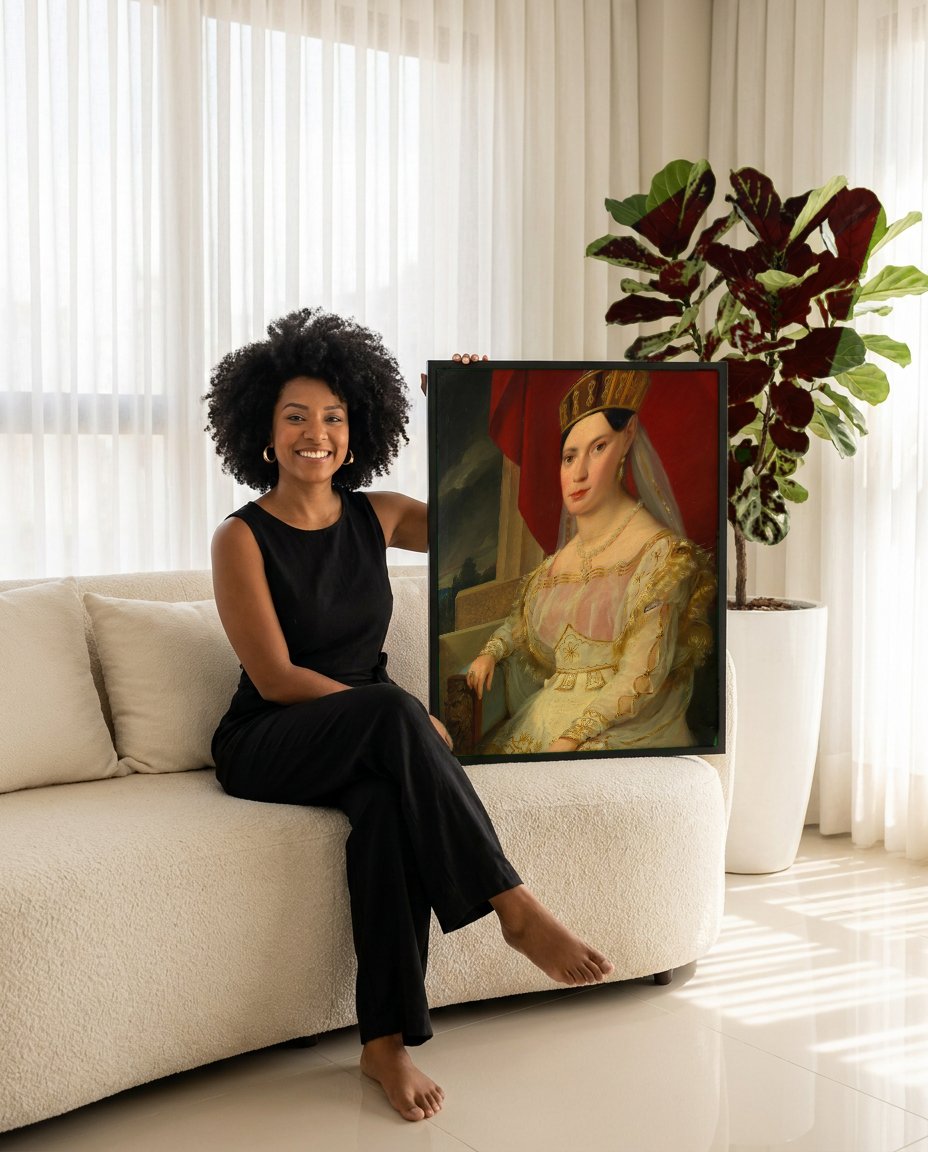Quadro Decorativo Retrato de Mulher com Touca Dourada - Amerling com modelo em ambiente
