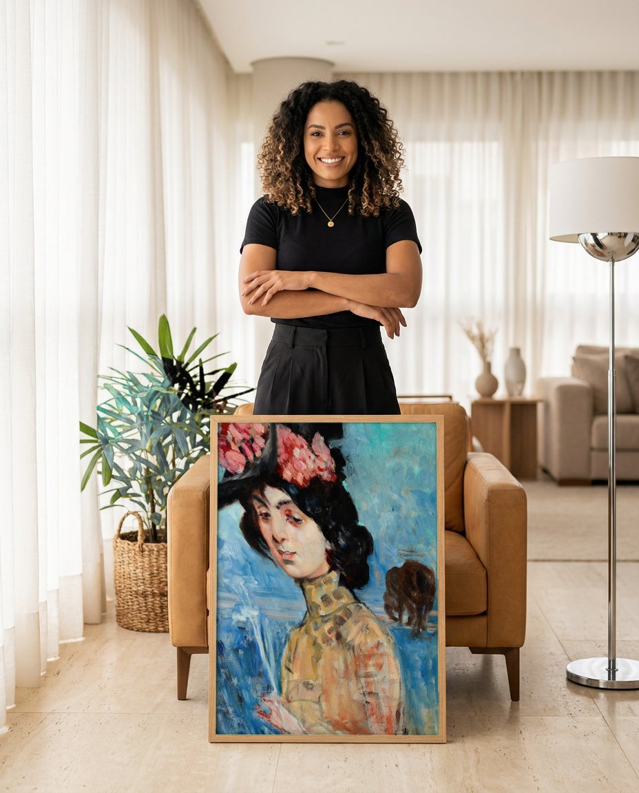 Quadro Decorativo Retrato de Senhora com Chapéu - Malczewski com modelo em ambiente