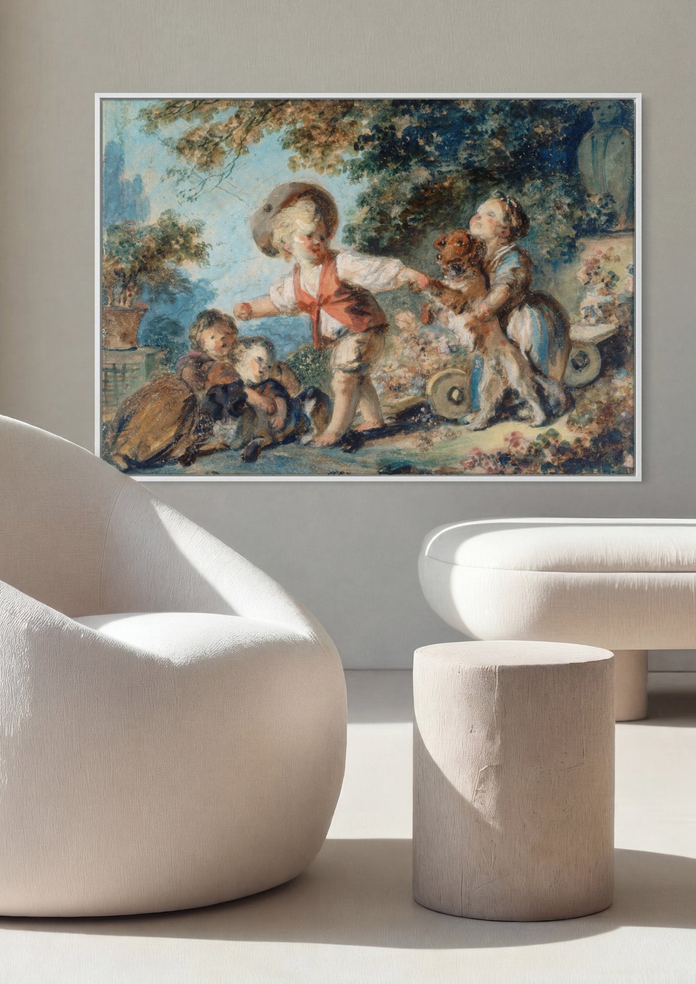 Quadro Decorativo Crianças Brincando com Cachorros - Fragonard em ambiente decorado