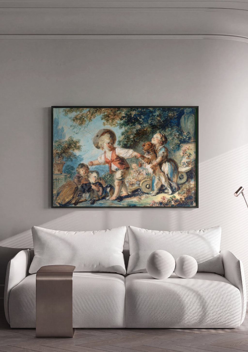 Quadro Decorativo Crianças Brincando com Cachorros - Fragonard em ambiente decorado