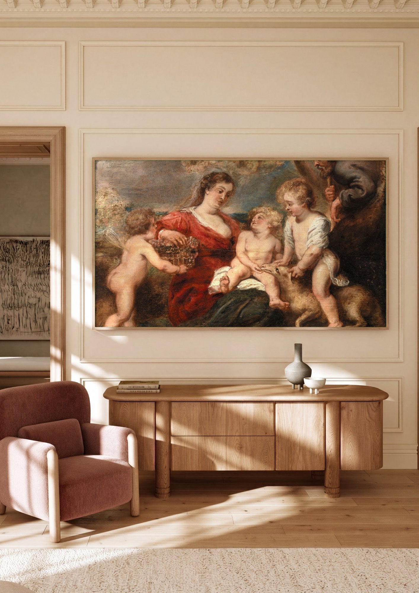Quadro Decorativo A Sagrada Família com São João - Rubens em ambiente decorado