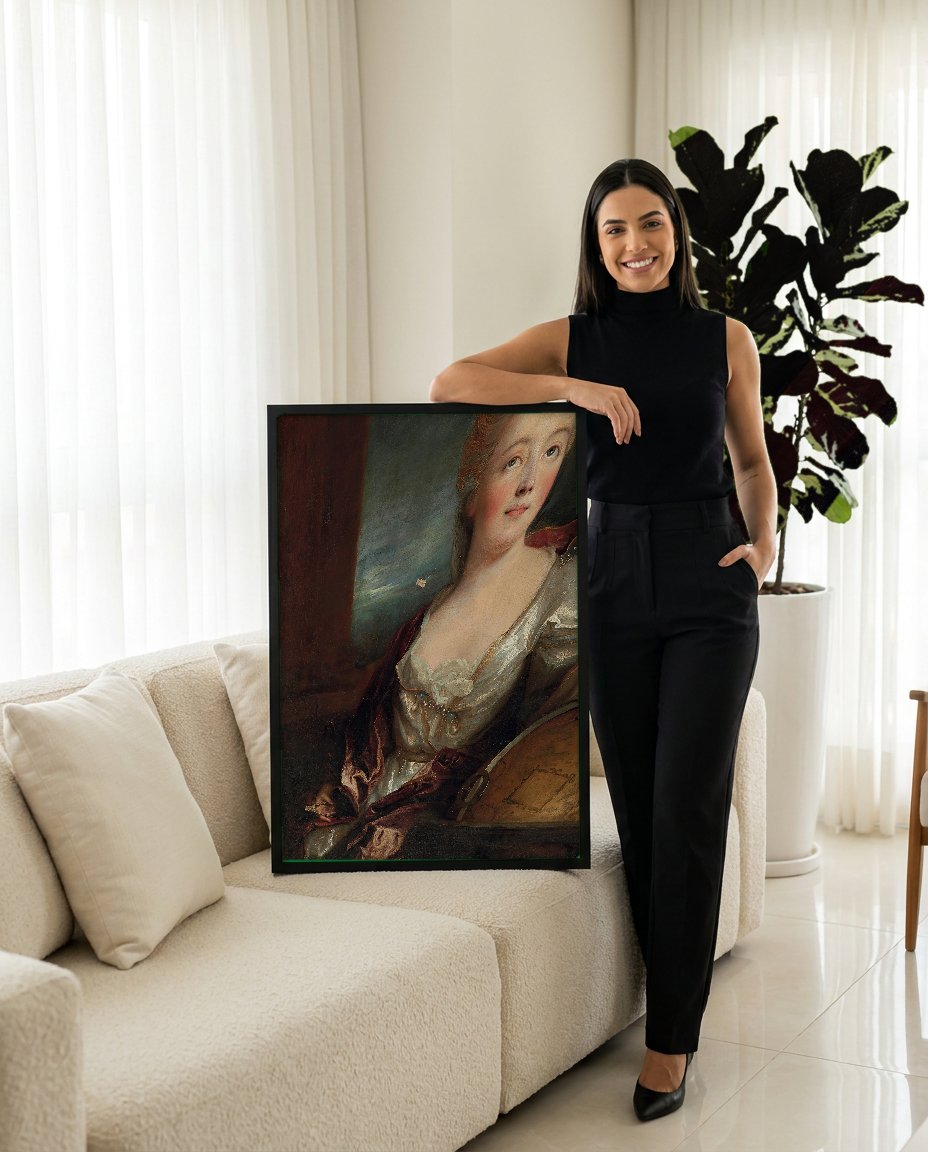 Quadro Decorativo Retrato de Mulher com Globo - Nicolas de Largillière com modelo em ambiente