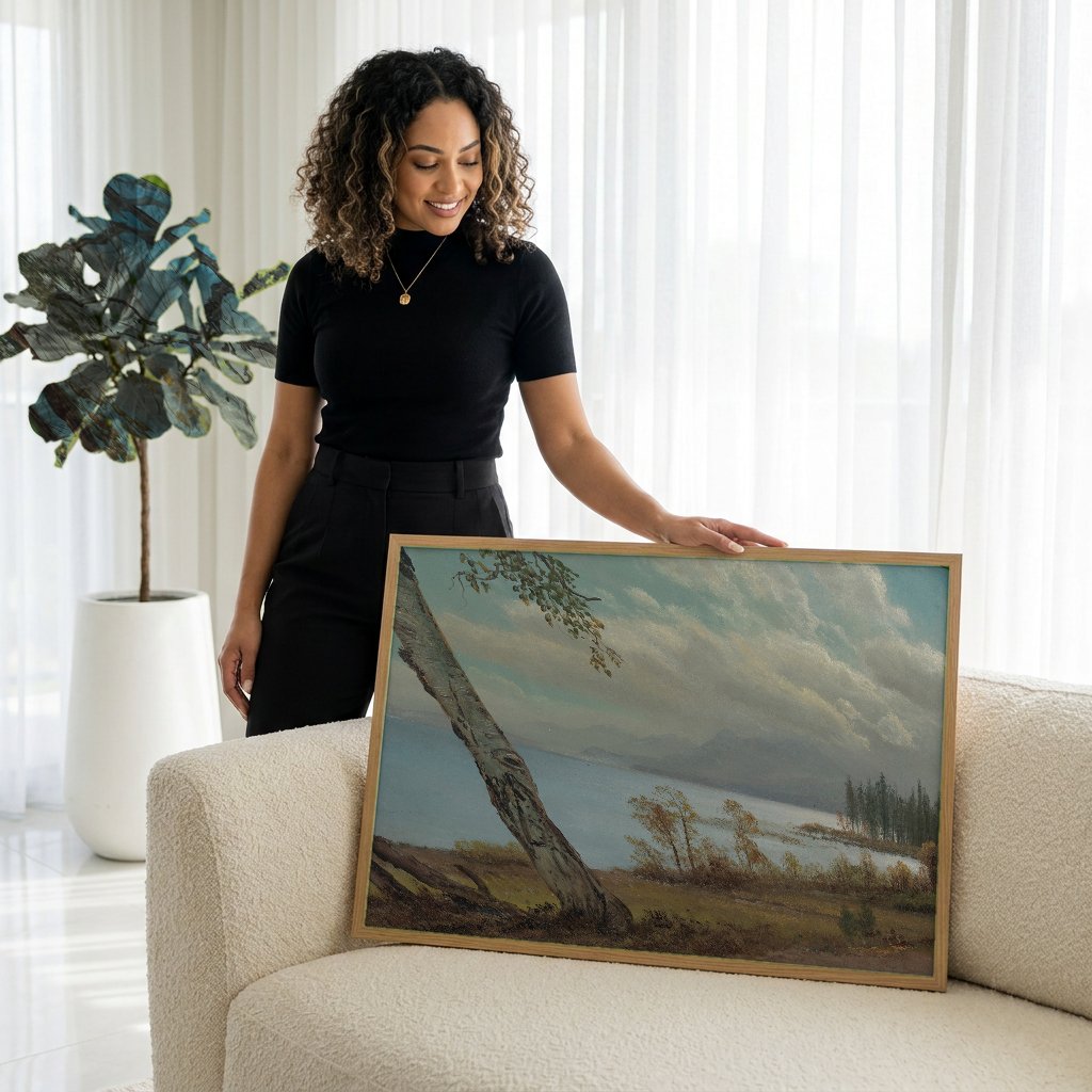 Quadro Decorativo Paisagem Lacustre com Bétulas - Albert Bierstadt com modelo em ambiente