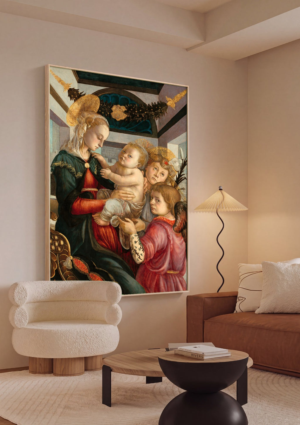 Quadro Decorativo Madona e o Menino com Anjos - Botticelli em ambiente decorado