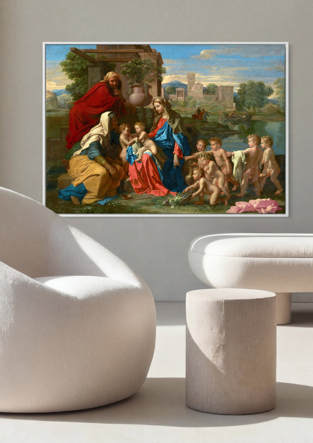 Quadro Decorativo A Sagrada Família com São João Batista - Poussin em ambiente decorado