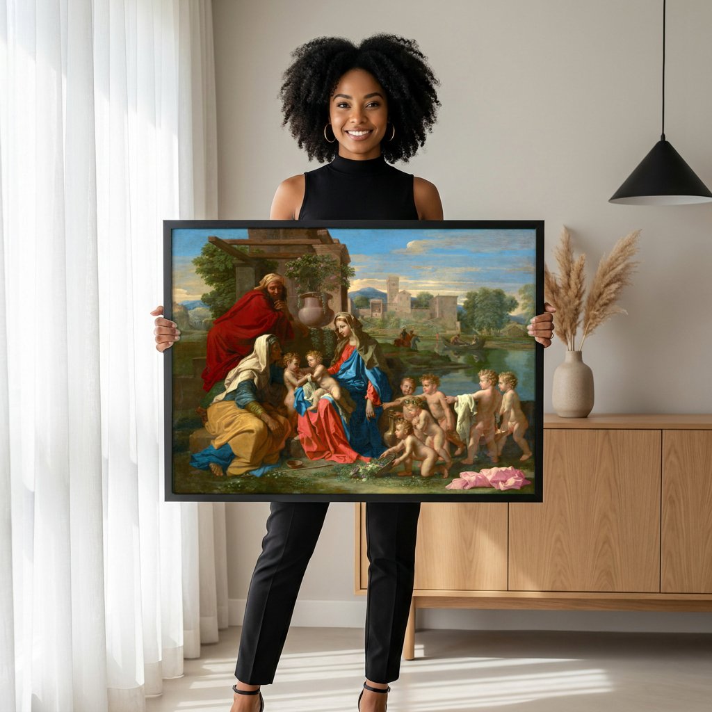 Quadro Decorativo A Sagrada Família com São João Batista - Poussin com modelo em ambiente