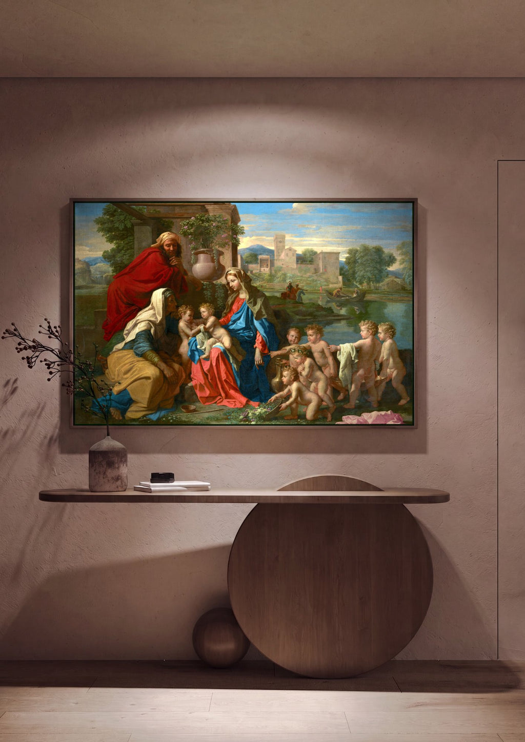 Quadro Decorativo A Sagrada Família com São João Batista - Poussin em ambiente decorado