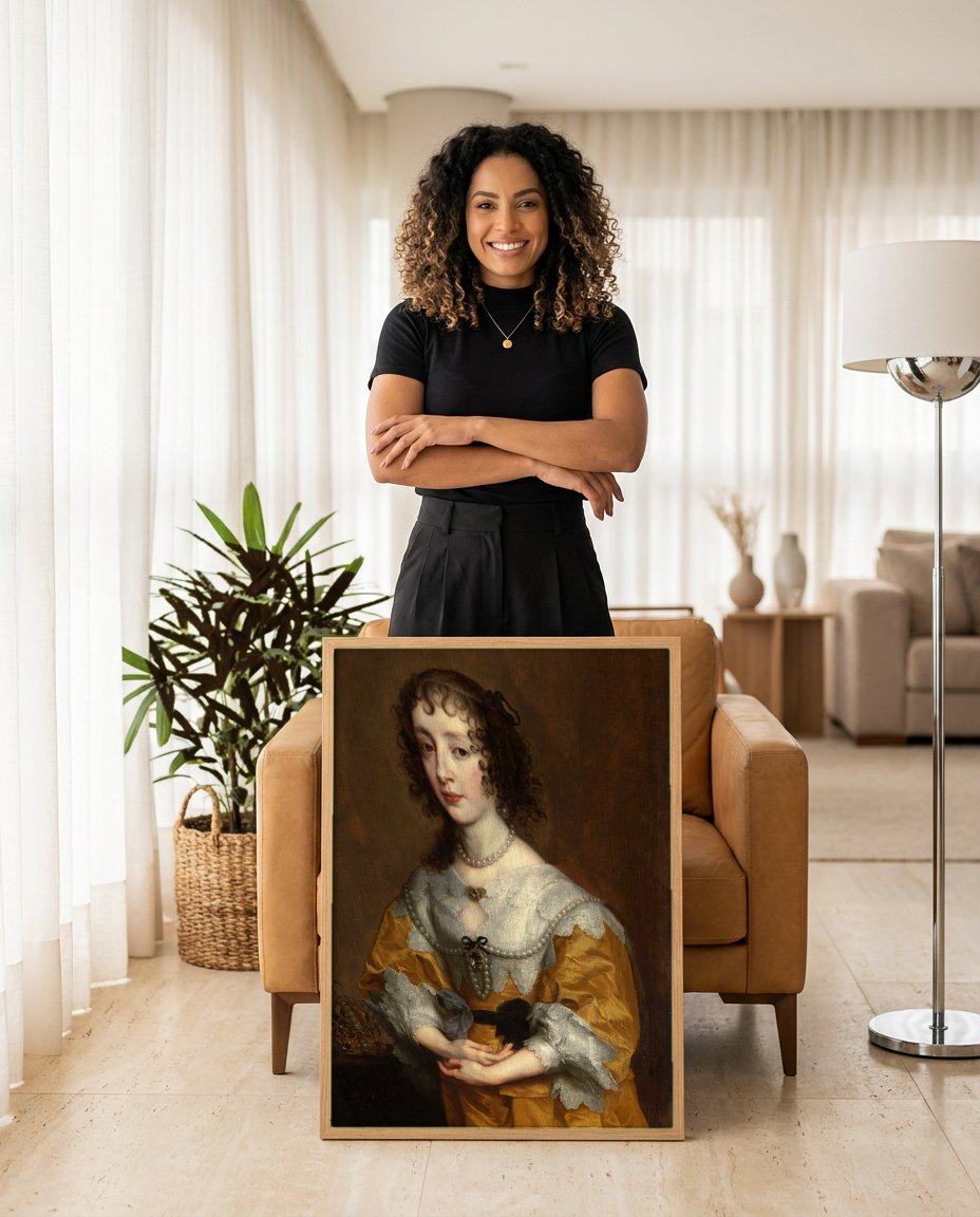 Quadro Decorativo Retrato de Mulher com Coroa - Van Dyck com modelo em ambiente