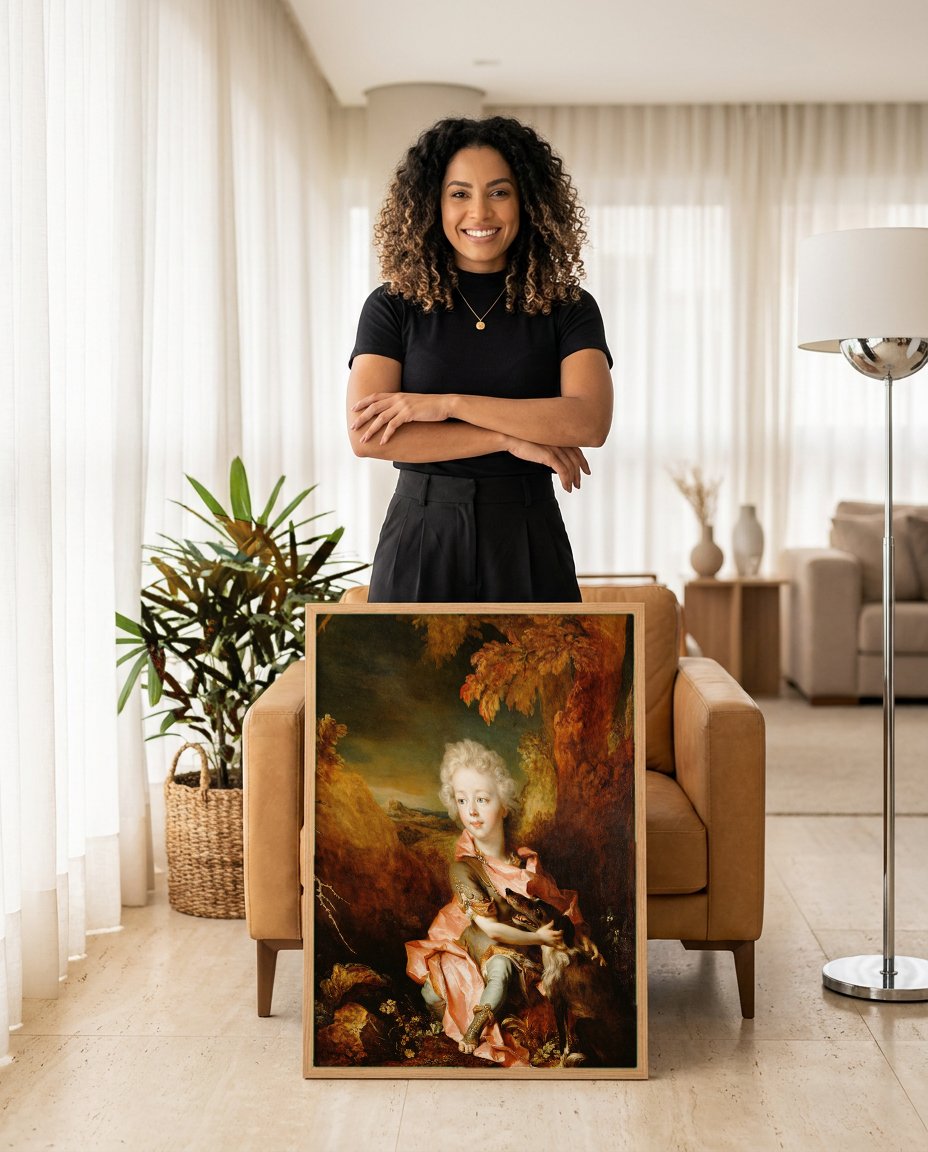 Quadro Decorativo Retrato de Menino com Cão - Largillière com modelo em ambiente