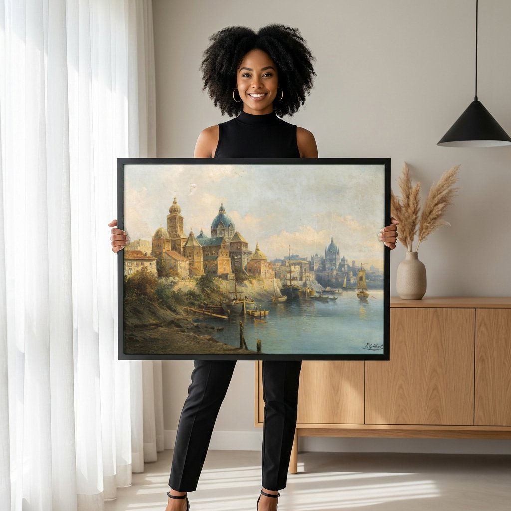 Quadro Decorativo Porto Mediterrâneo com Barcos - Karl Kaufmann com modelo em ambiente