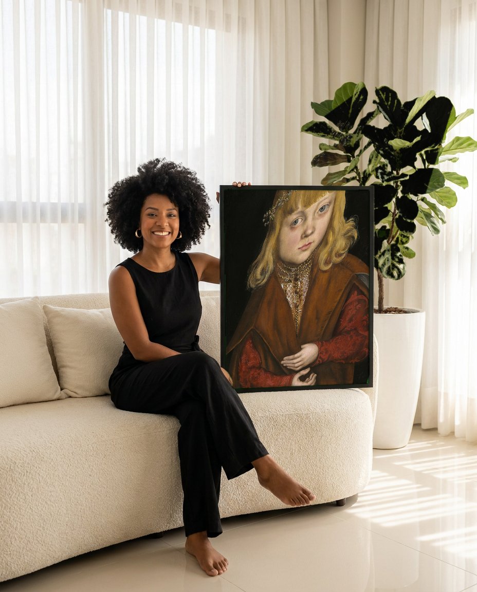 Quadro Decorativo Retrato de Menino com Coroa - Lucas Cranach com modelo em ambiente
