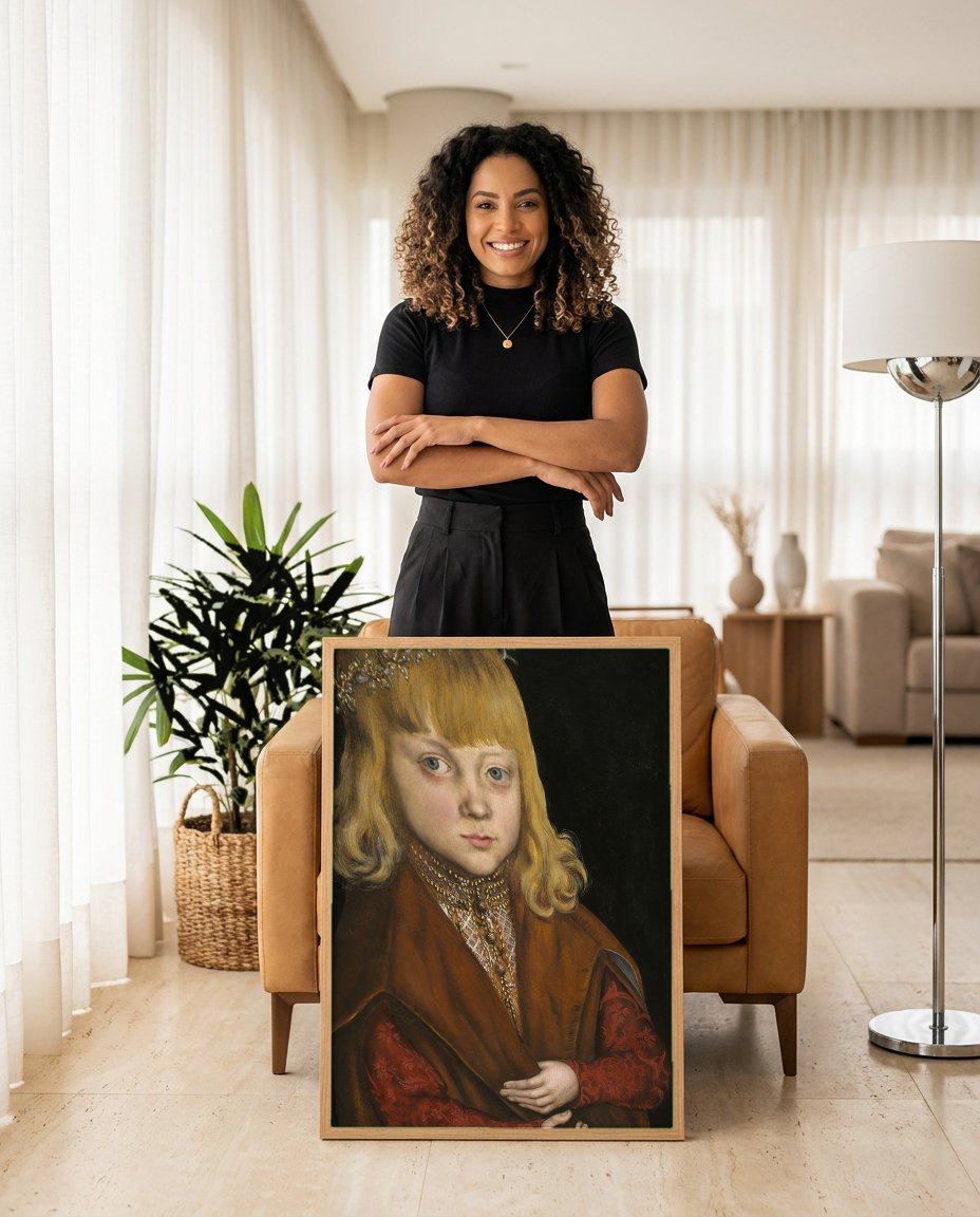 Quadro Decorativo Retrato de Menino com Coroa - Lucas Cranach com modelo em ambiente