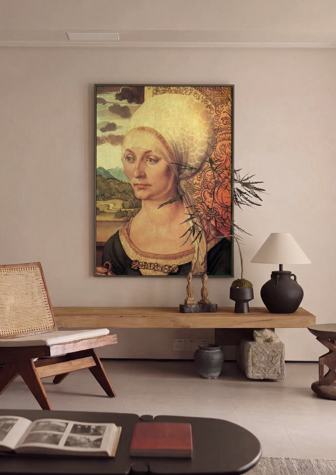 Quadro Decorativo Retrato de Mulher com Cabelos Soltos - Dürer em ambiente decorado