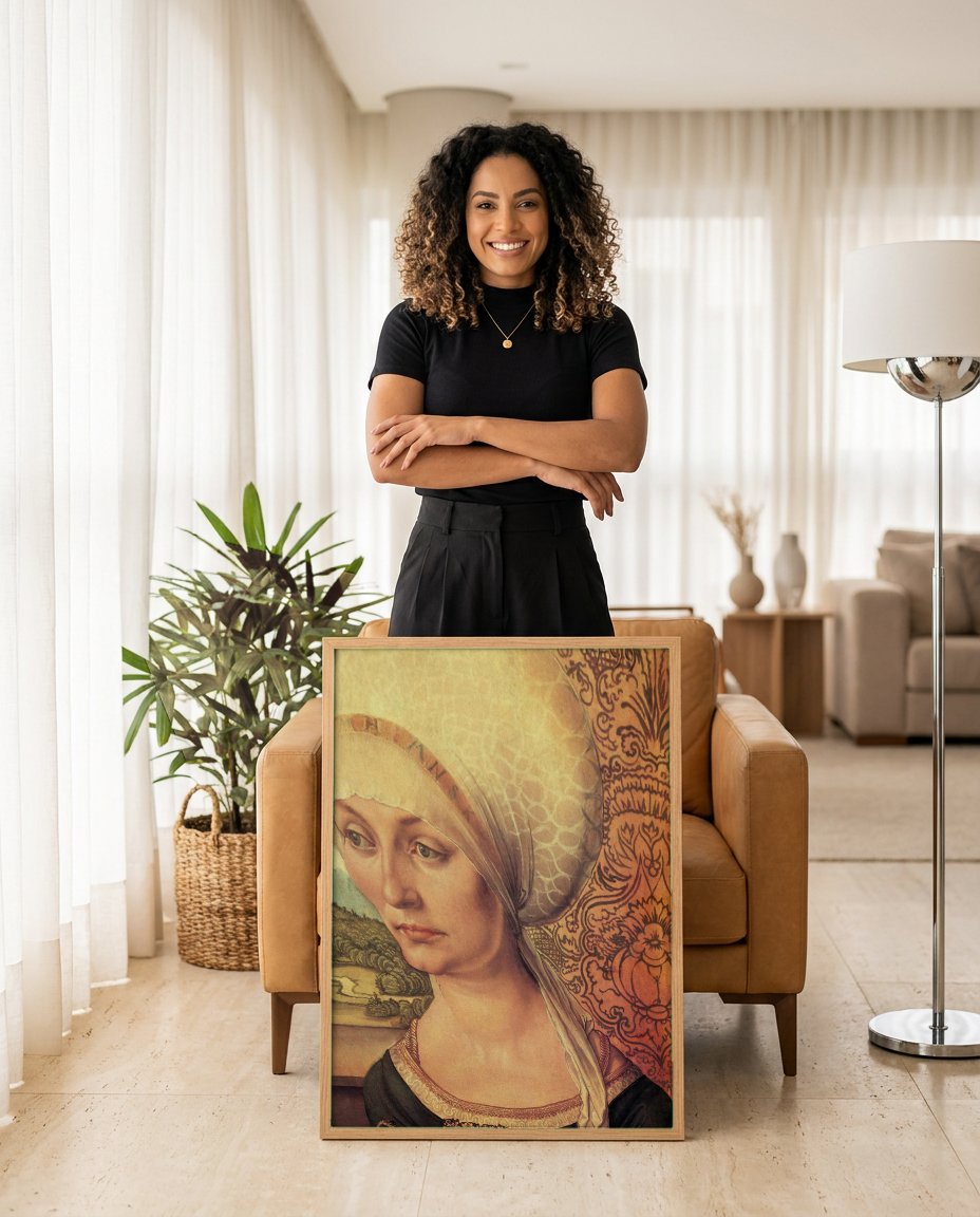 Quadro Decorativo Retrato de Mulher com Cabelos Soltos - Dürer com modelo em ambiente