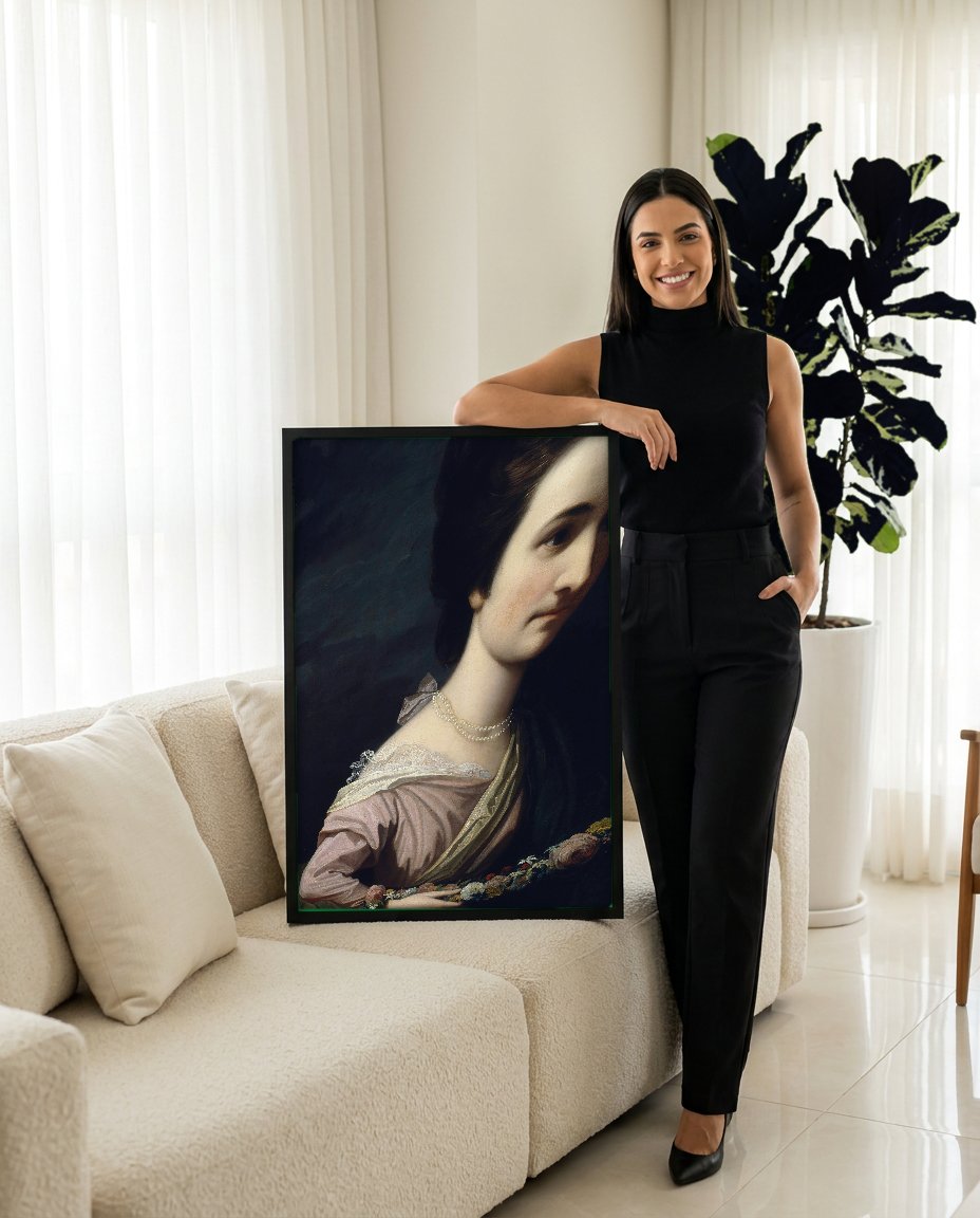 Quadro Decorativo Retrato de Mulher com Grinalda - B. West com modelo em ambiente