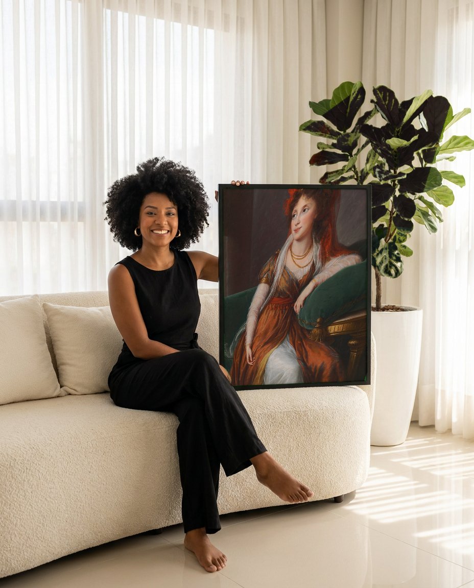 Quadro Decorativo Retrato de Mulher com Turbante - Vigée Le Brun com modelo em ambiente
