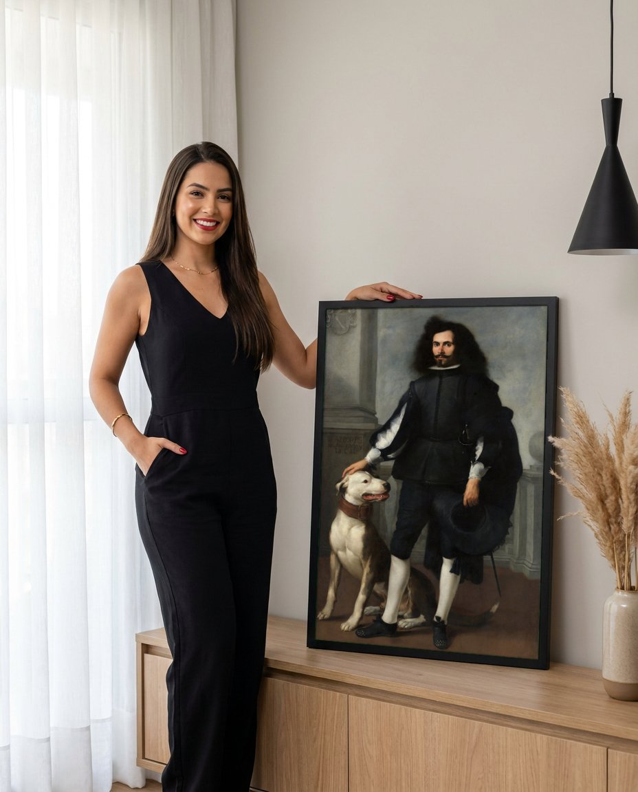 Quadro Decorativo Retrato Cavalheiro com Cão - Murillo com modelo em ambiente