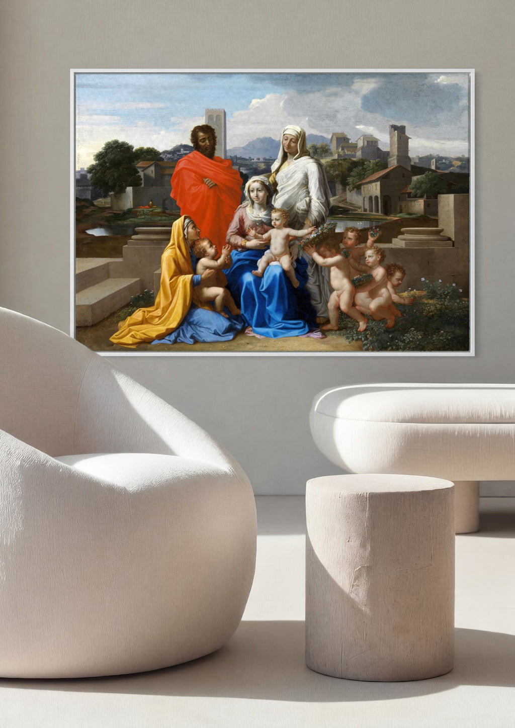 Quadro Decorativo A Sagrada Família com São João Batista - Poussin em ambiente decorado