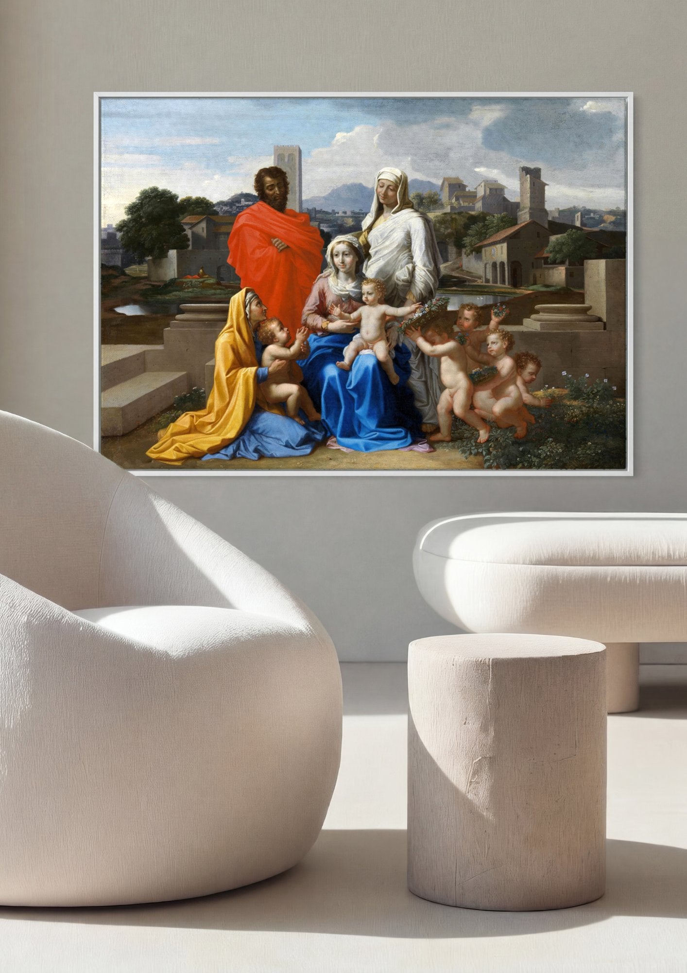 Quadro Decorativo A Sagrada Família com São João Batista - Poussin em ambiente decorado