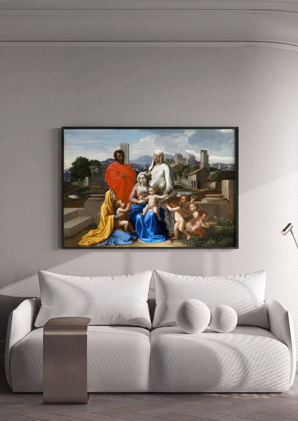 Quadro Decorativo A Sagrada Família com São João Batista - Poussin em ambiente decorado