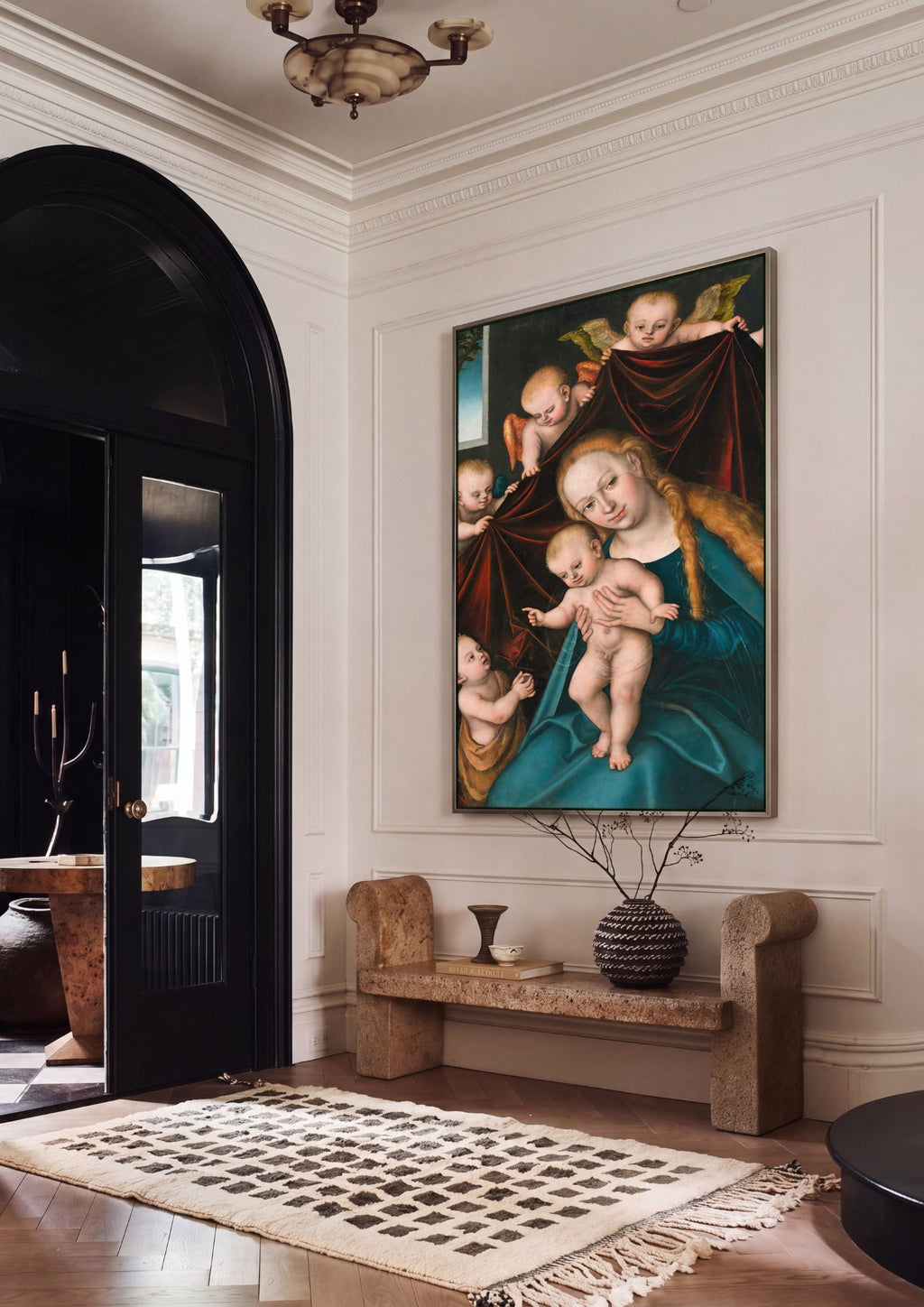 Quadro Decorativo Madona e o Menino com João Batista e Anjos - Cranach em ambiente decorado