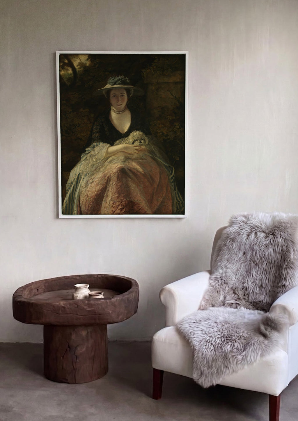 Quadro Decorativo Retrato de Mulher com Cão - Reynolds em ambiente decorado