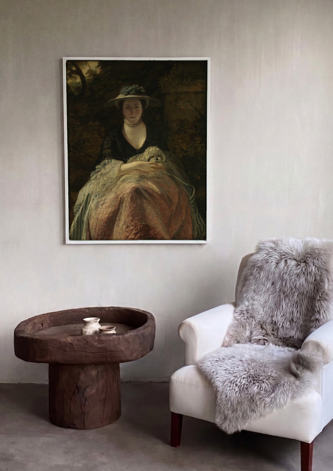 Quadro Decorativo Retrato de Mulher com Cão - Reynolds em ambiente decorado