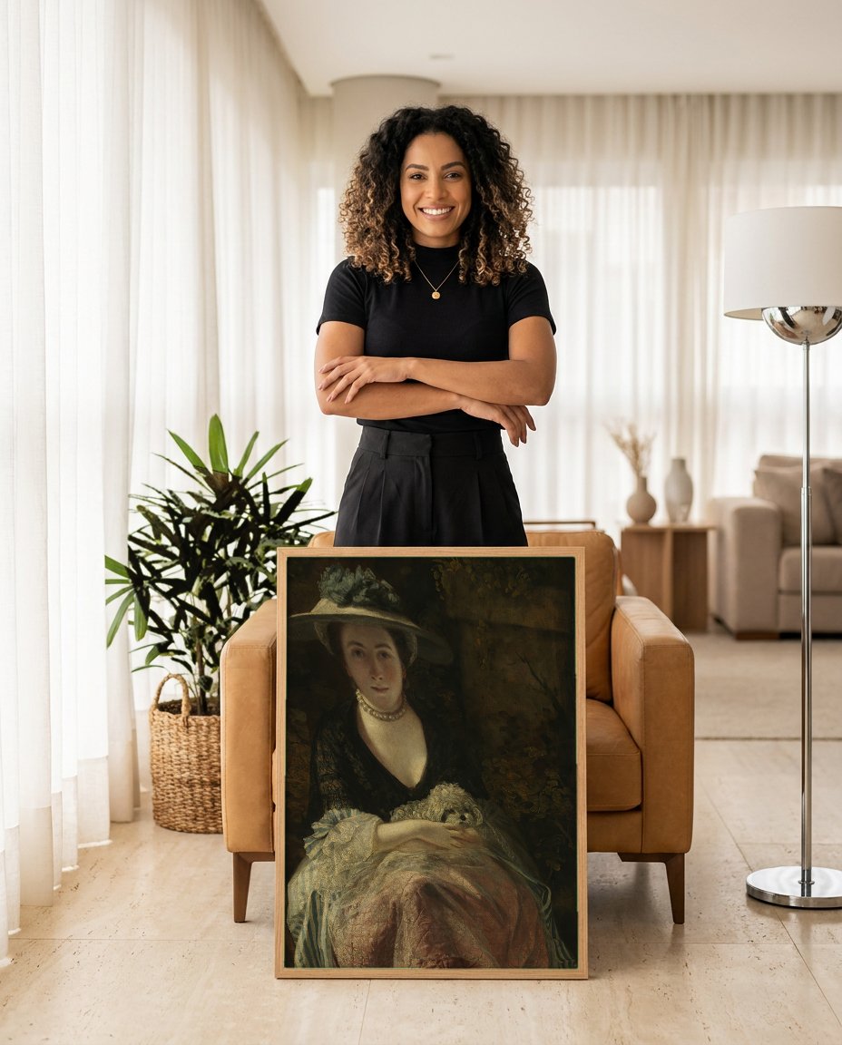 Quadro Decorativo Retrato de Mulher com Cão - Reynolds com modelo em ambiente