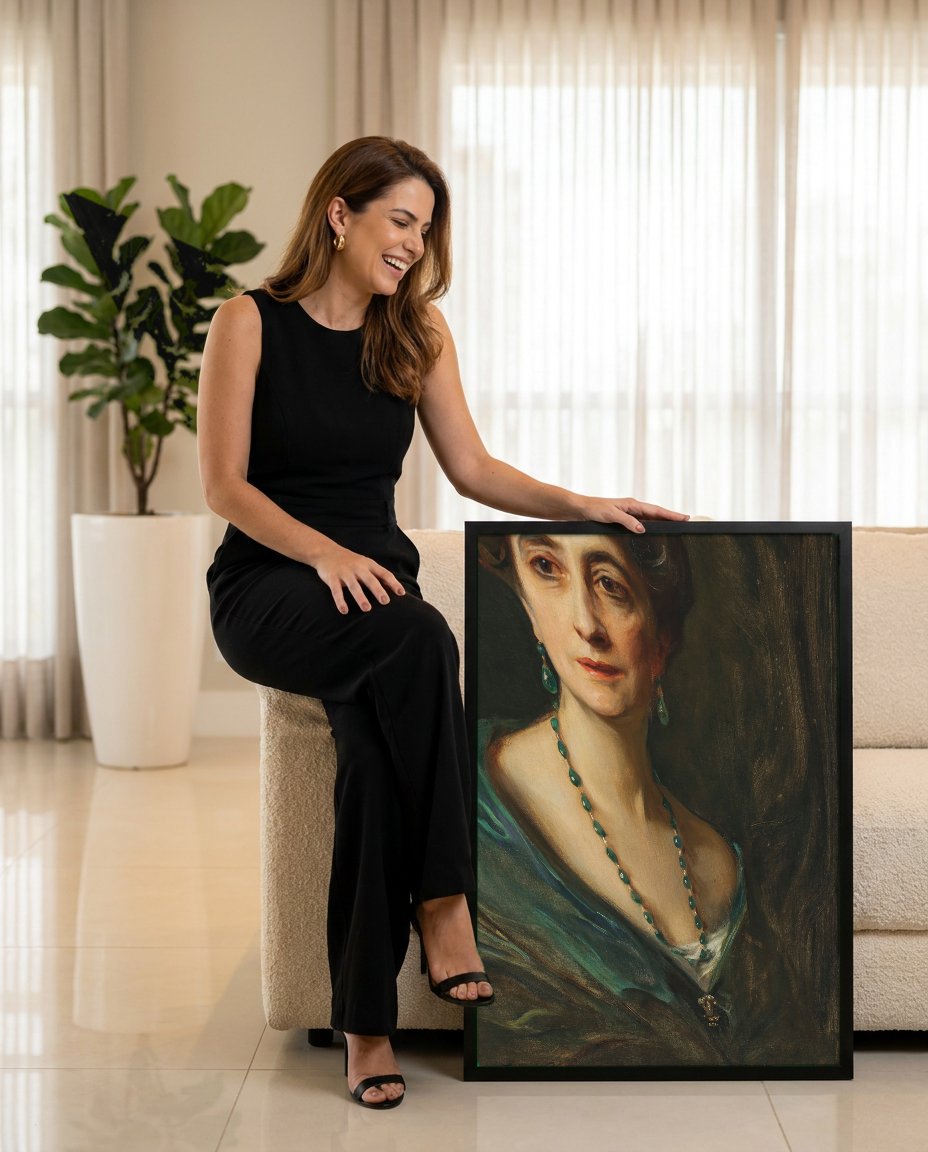 Quadro Decorativo Retrato de Mulher com Esmeraldas - Philip Alexius de László com modelo em ambiente