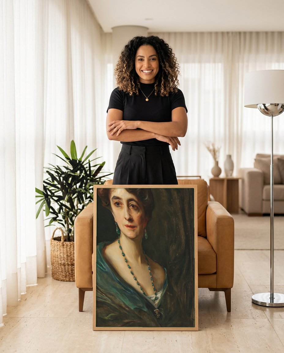 Quadro Decorativo Retrato de Mulher com Esmeraldas - Philip Alexius de László com modelo em ambiente
