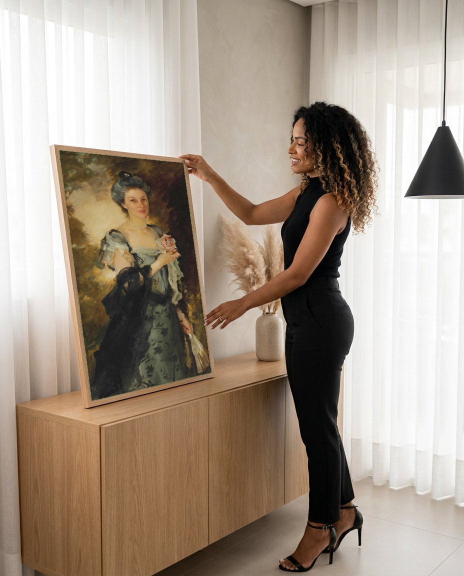 Quadro Decorativo Retrato de Mulher com Rosa - John Singer Sargent com modelo em ambiente