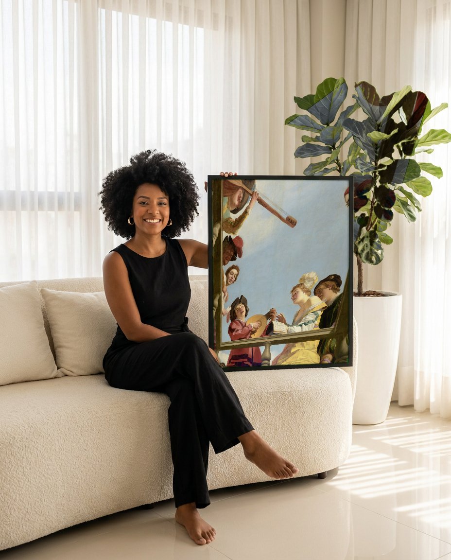 Quadro Decorativo A Concerto on a Balcony - Gerard van Honthorst com modelo em ambiente
