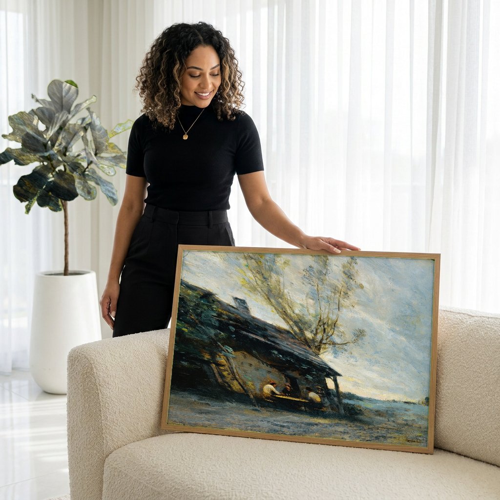 Quadro Decorativo A Cabana e o Campo - Corot com modelo em ambiente