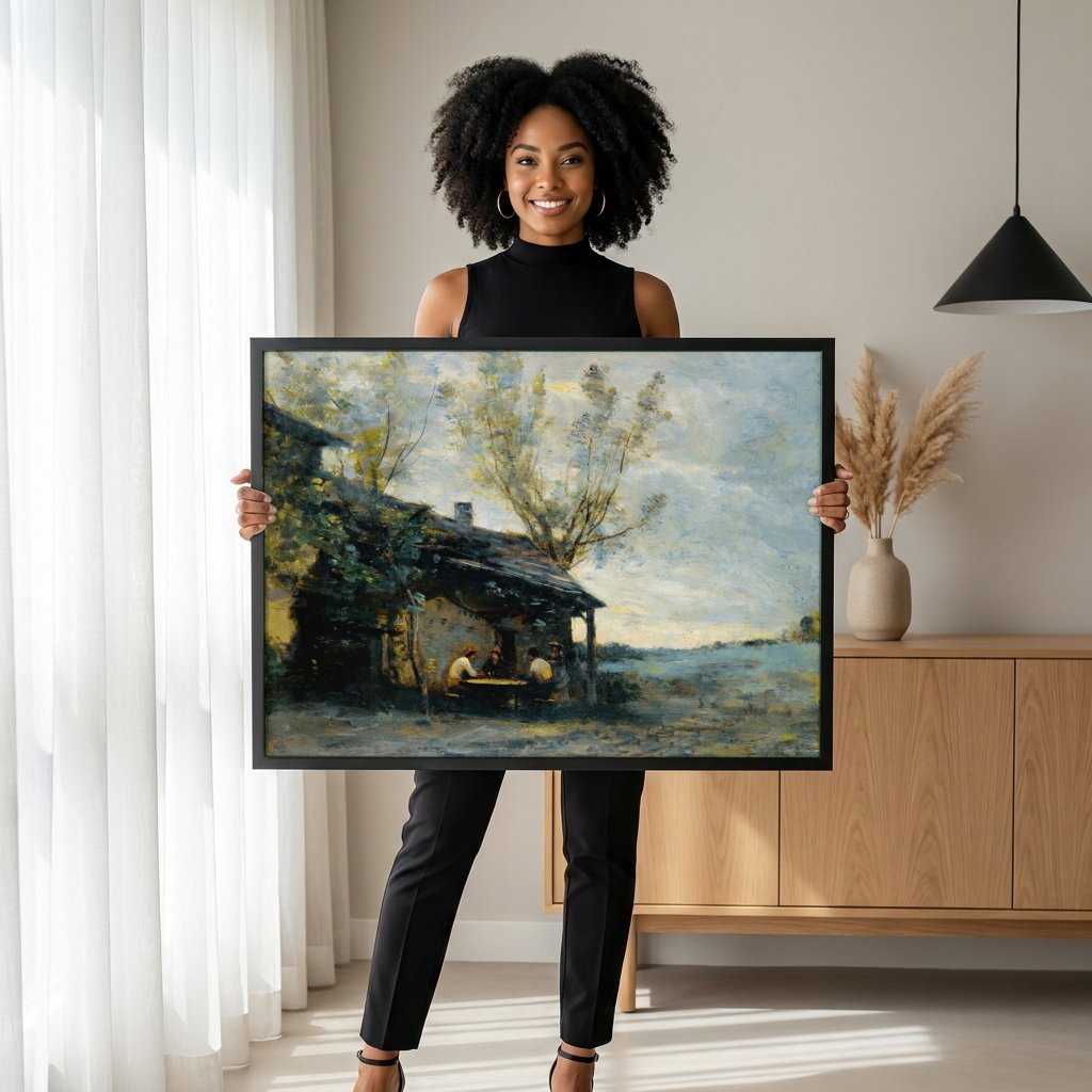 Quadro Decorativo A Cabana e o Campo - Corot com modelo em ambiente