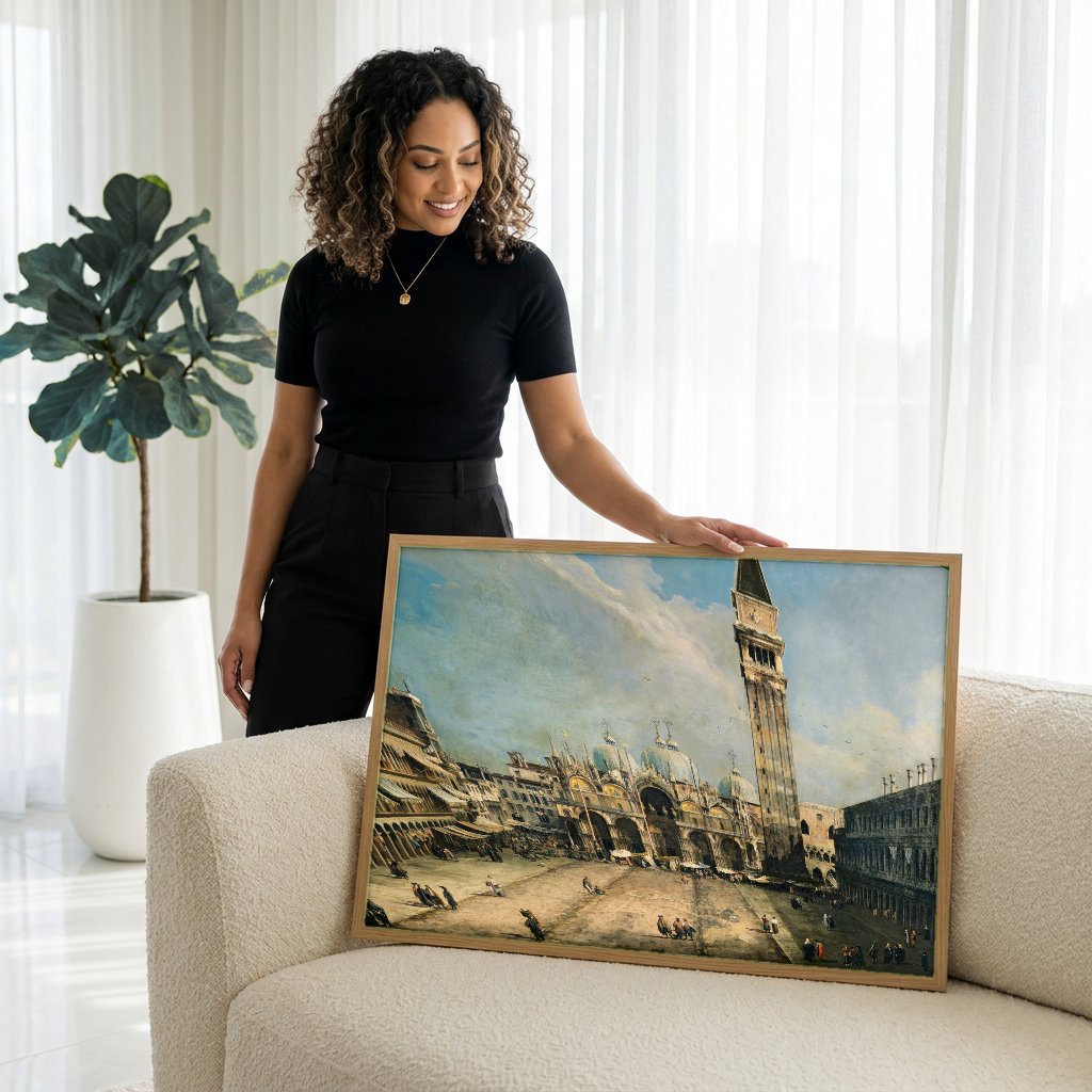 Quadro Decorativo A Praça de São Marcos - Canaletto com modelo em ambiente