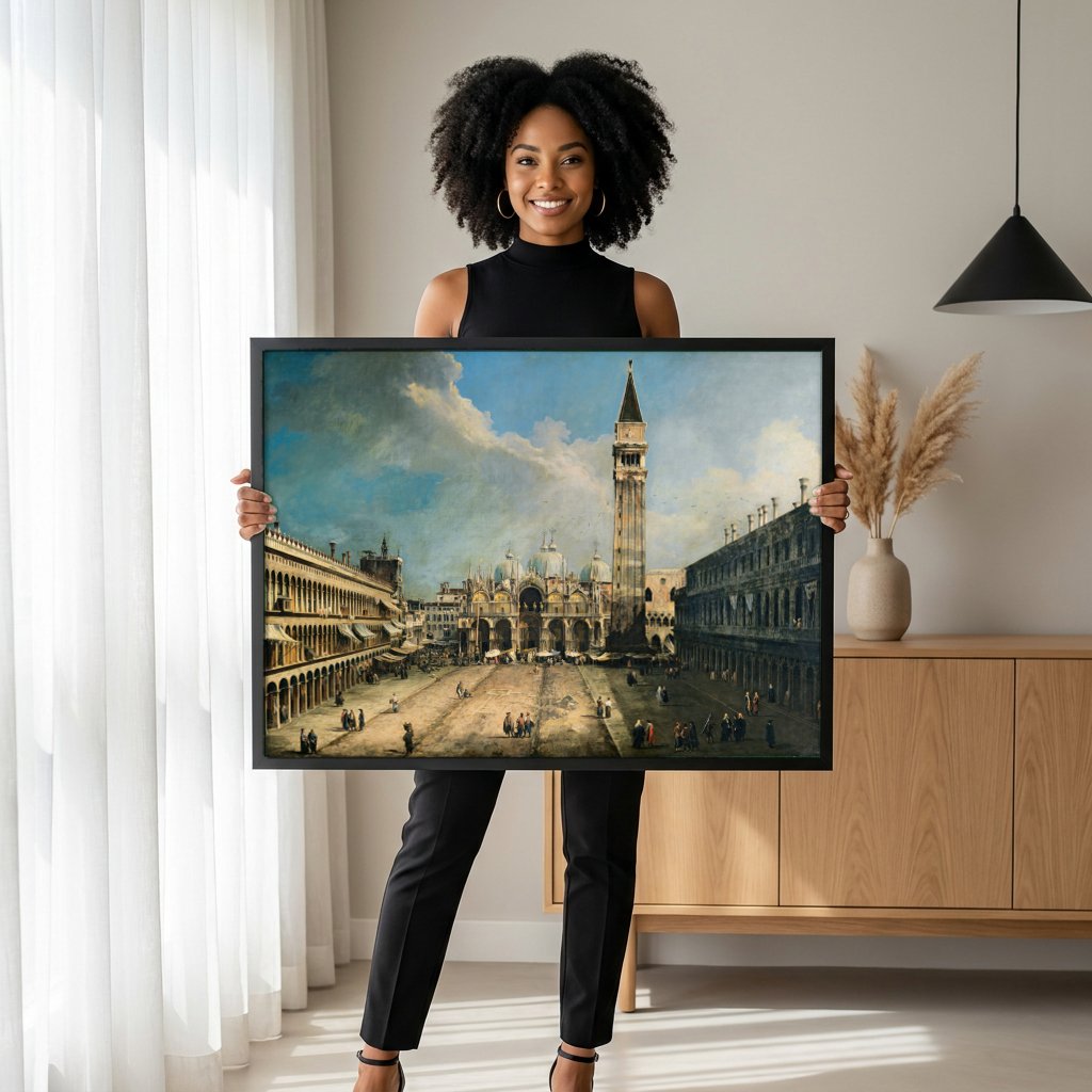 Quadro Decorativo A Praça de São Marcos - Canaletto com modelo em ambiente
