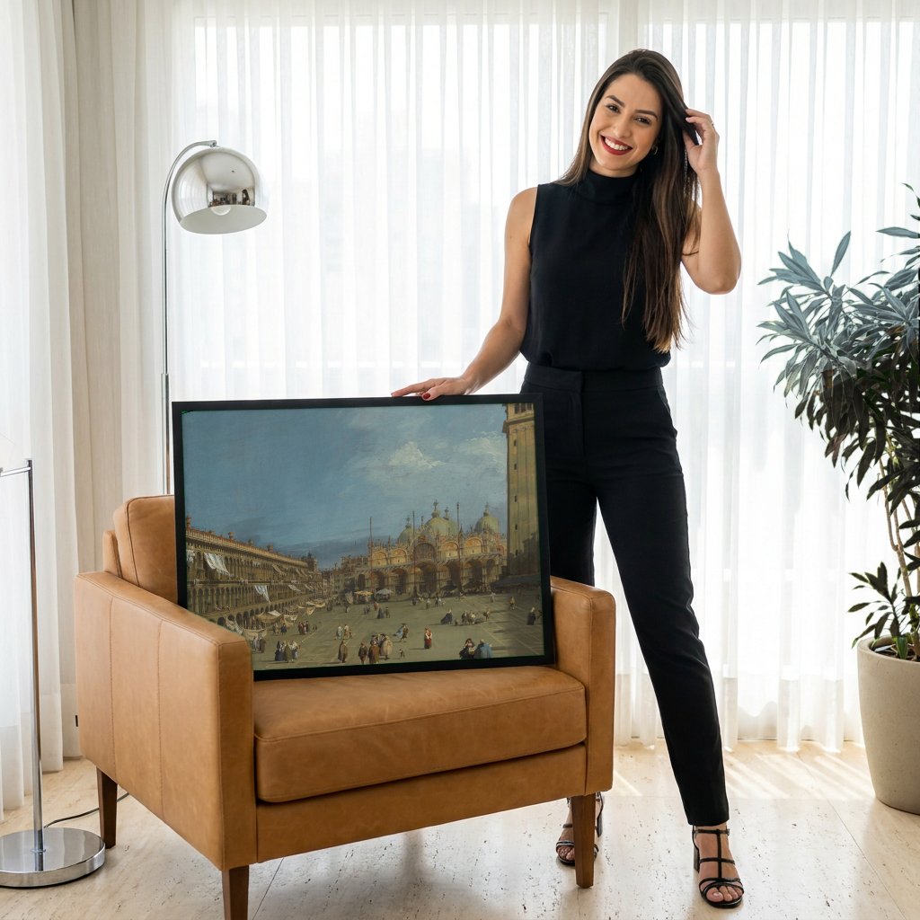 Quadro Decorativo A Praça de São Marcos, Veneza - Canaletto com modelo em ambiente