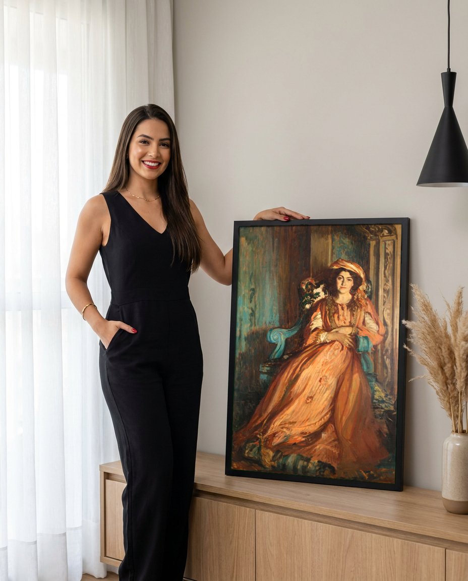 Quadro Decorativo Retrato Feminino - Jacques Émile Blanche com modelo em ambiente
