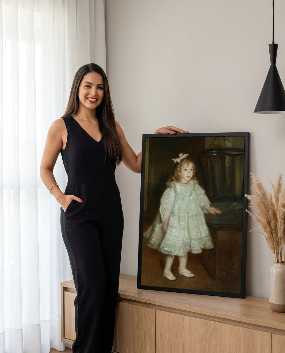 Quadro Decorativo 'Menina de Branco' - Jacques Émile Blanche com modelo em ambiente