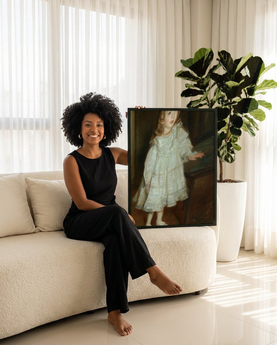 Quadro Decorativo 'Menina de Branco' - Jacques Émile Blanche com modelo em ambiente