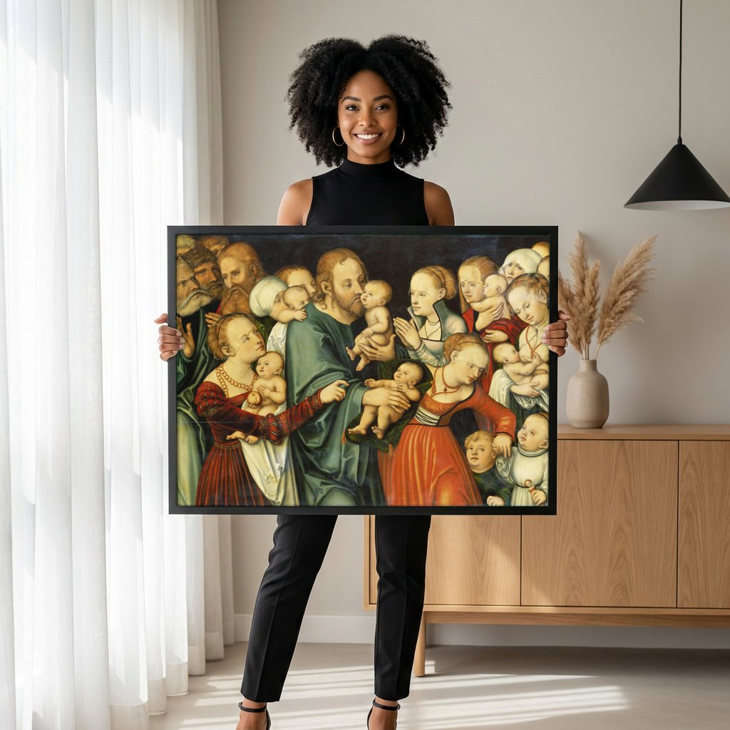 Quadro Decorativo Jesus Abençoando as Crianças - Lucas Cranach com modelo em ambiente