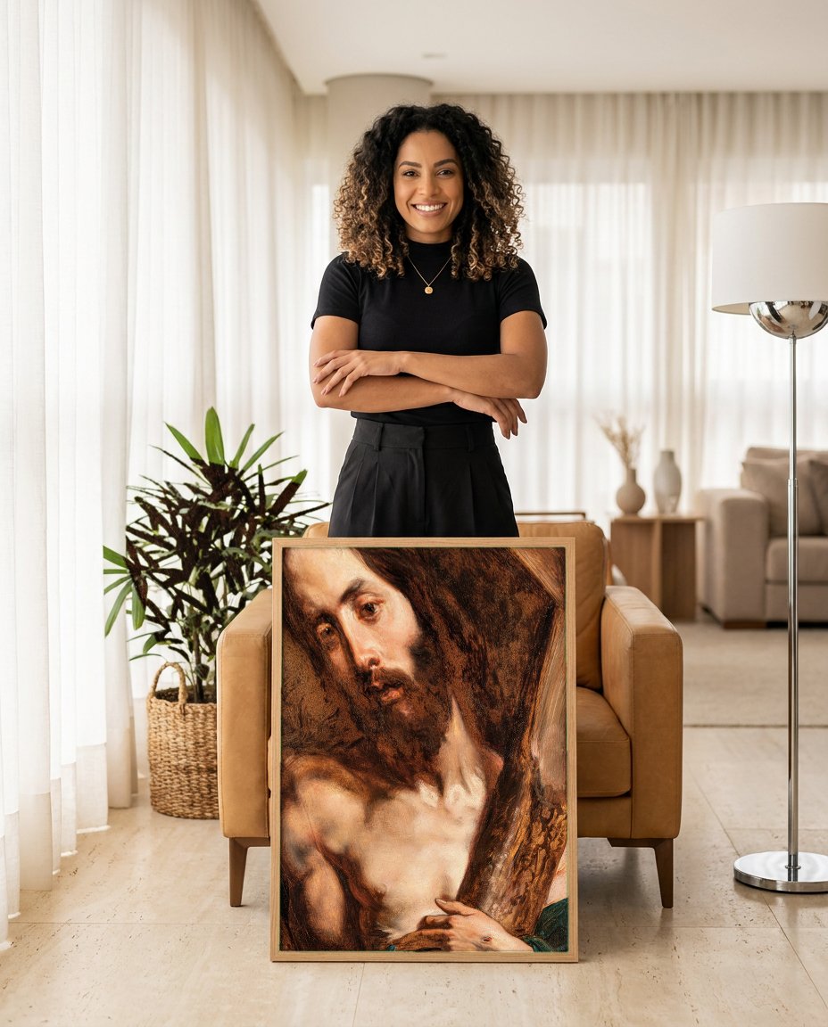 Quadro Decorativo Cristo Carregando a Cruz - Van Dyck com modelo em ambiente