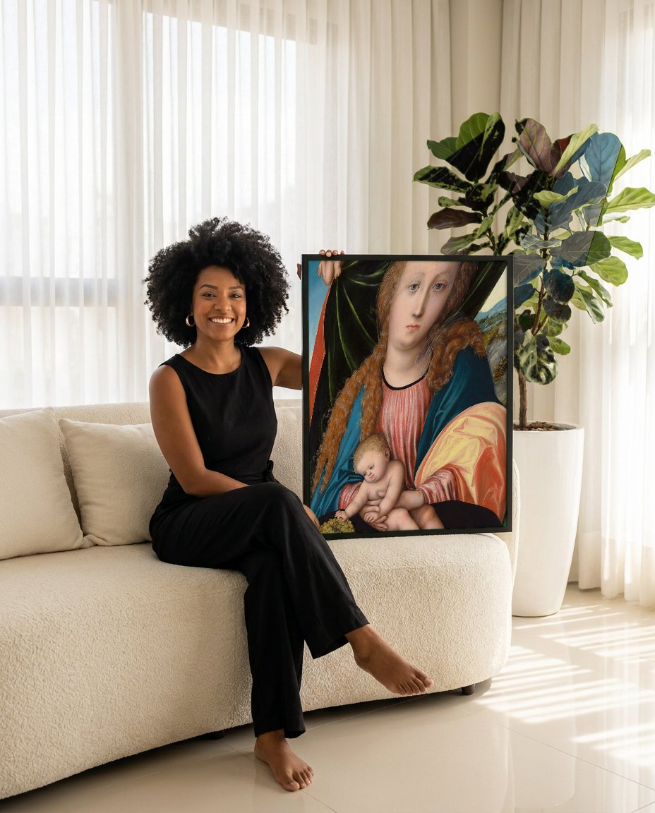 Quadro Decorativo A Virgem e o Menino - Cranach com modelo em ambiente