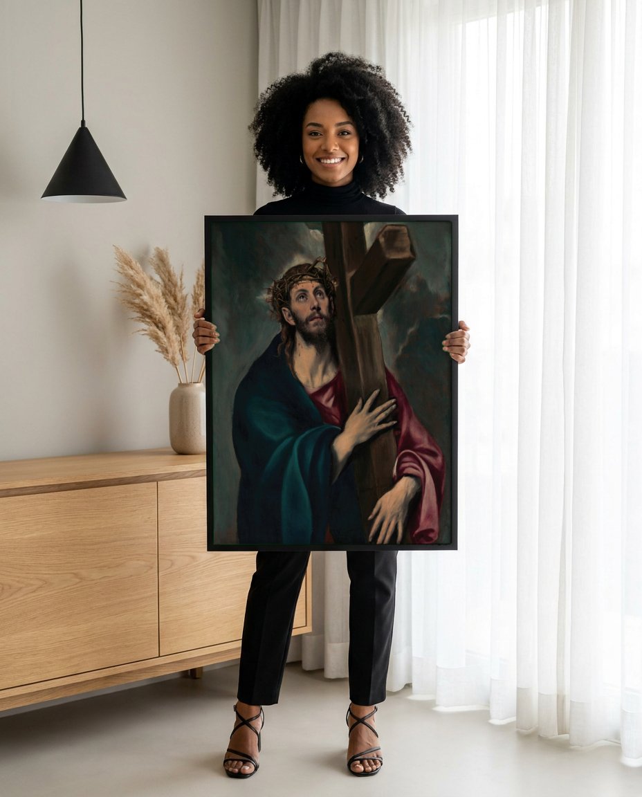 Quadro Decorativo Cristo Carregando a Cruz - El Greco com modelo em ambiente
