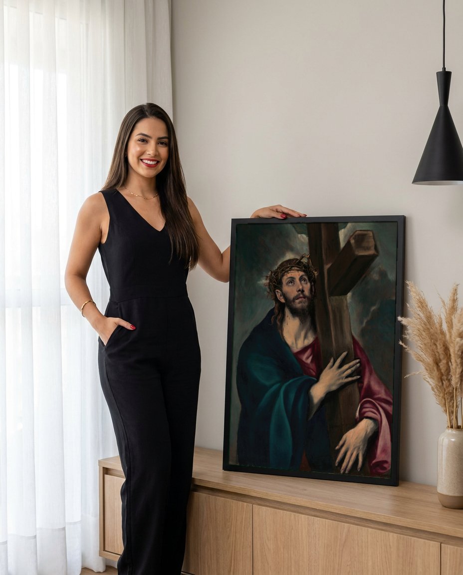 Quadro Decorativo Cristo Carregando a Cruz - El Greco com modelo em ambiente