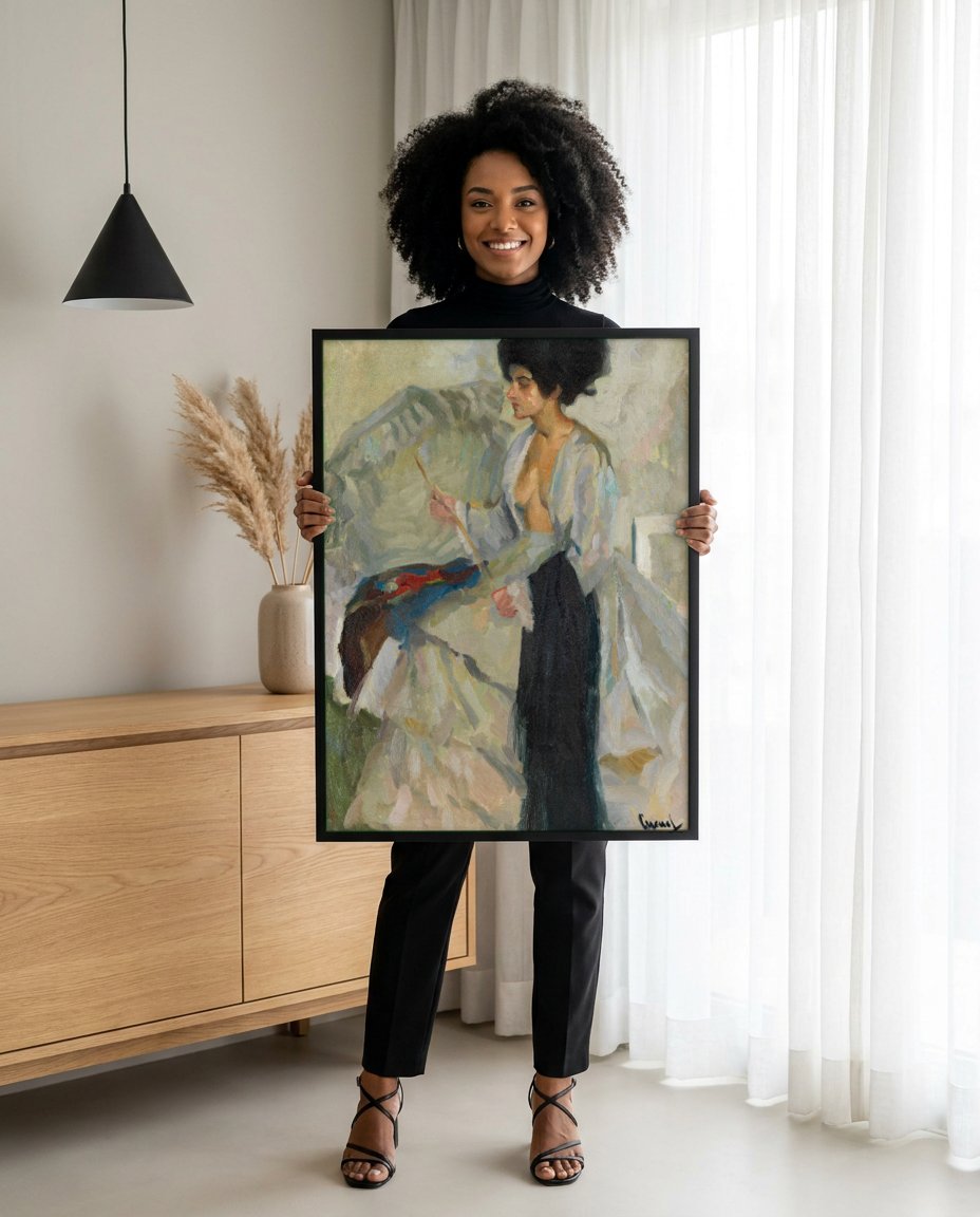 Quadro Decorativo A Pintora - Edward Cucuel com modelo em ambiente