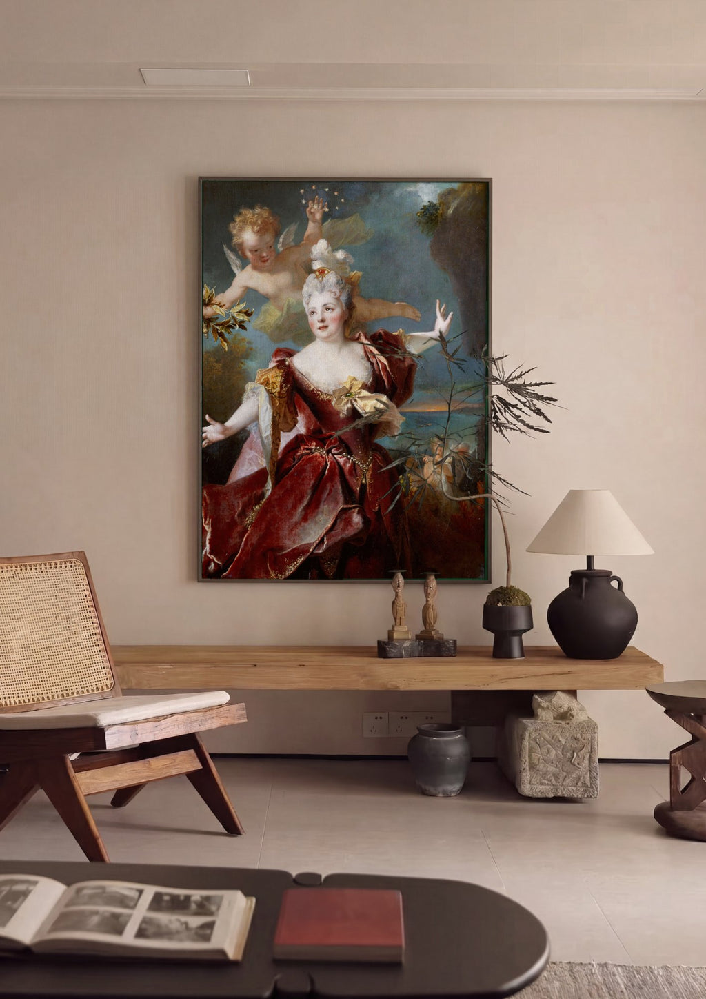 Quadro Decorativo Dama em Vermelho e Cupido - Largillière em ambiente decorado