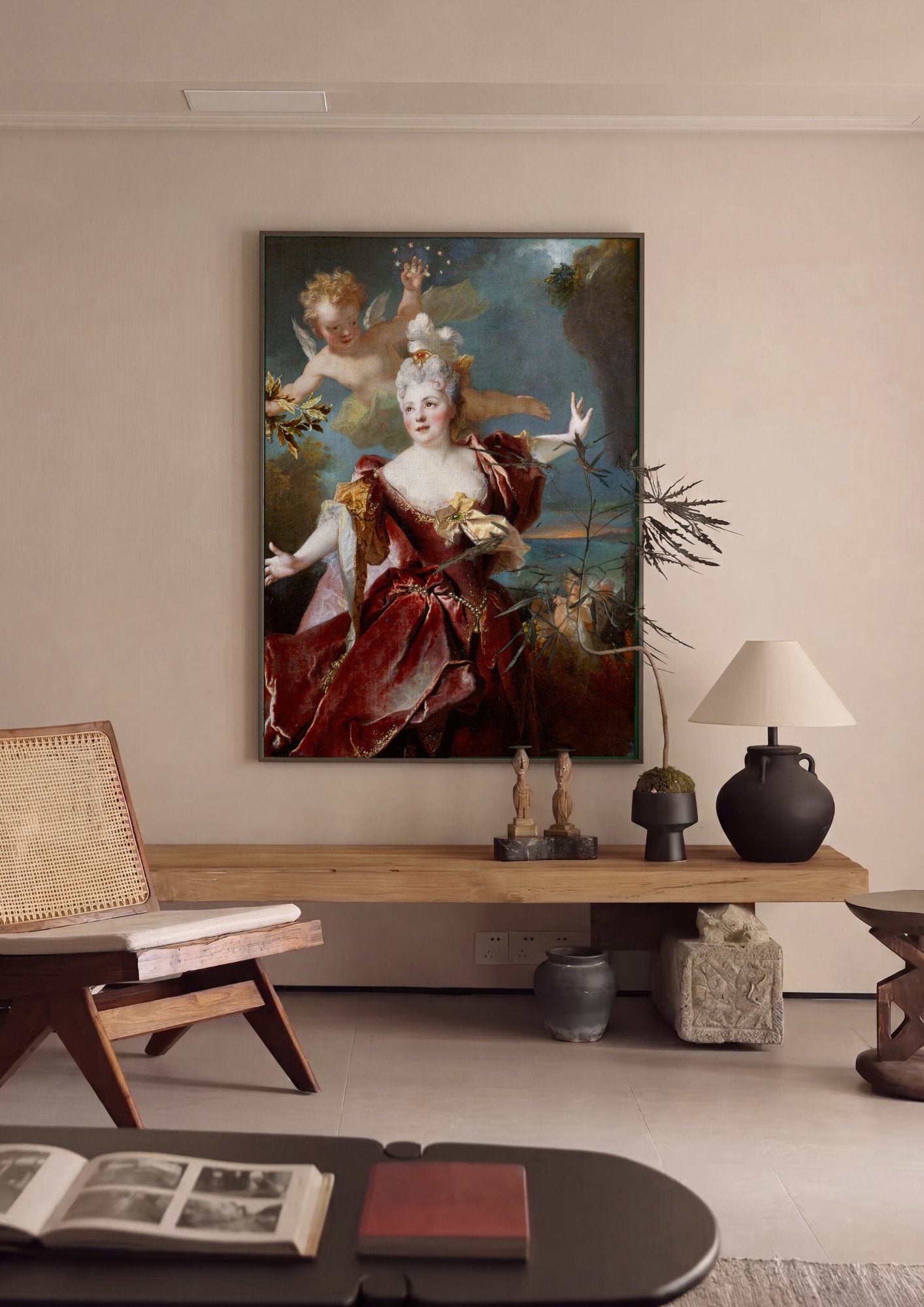 Quadro Decorativo Dama em Vermelho e Cupido - Largillière em ambiente decorado