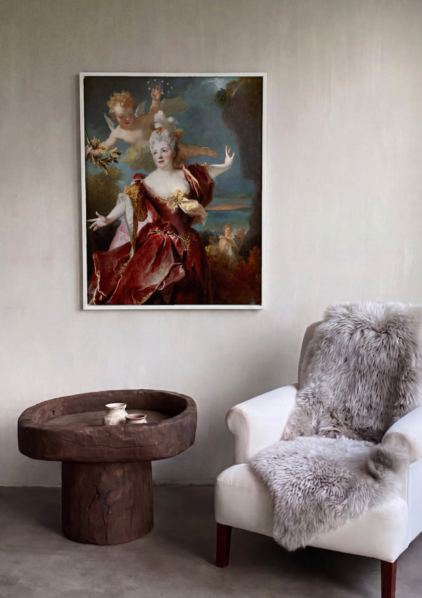 Quadro Decorativo Dama em Vermelho e Cupido - Largillière em ambiente decorado