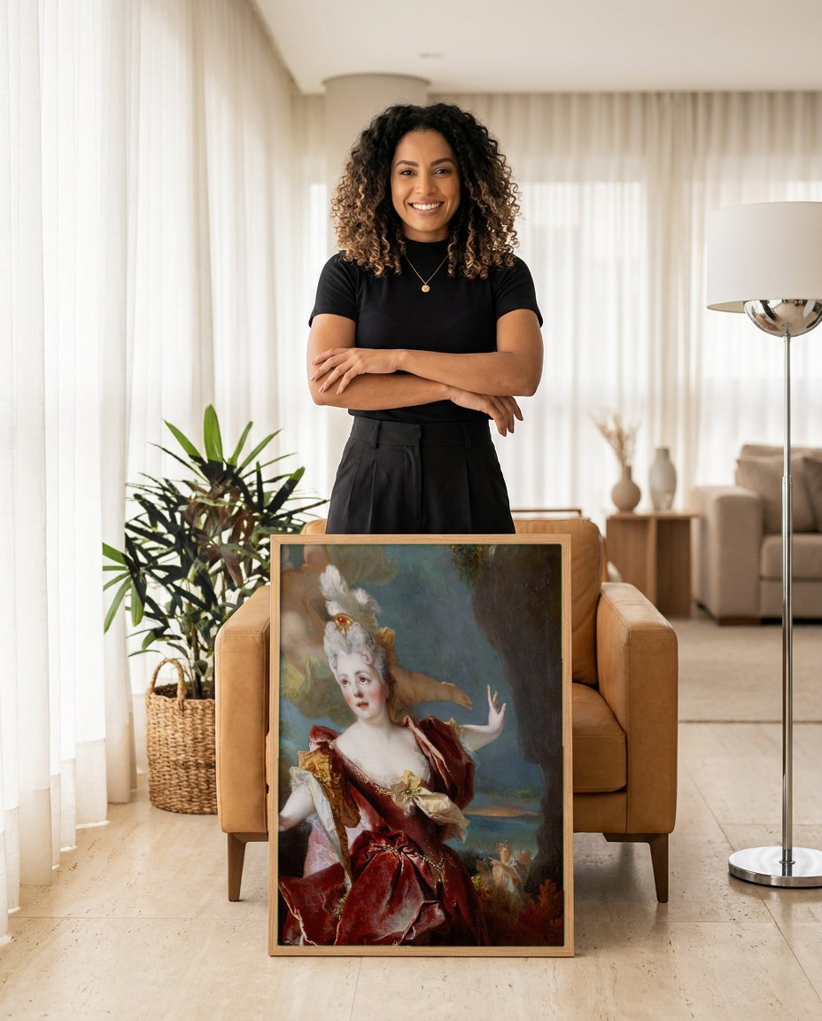 Quadro Decorativo Dama em Vermelho e Cupido - Largillière com modelo em ambiente